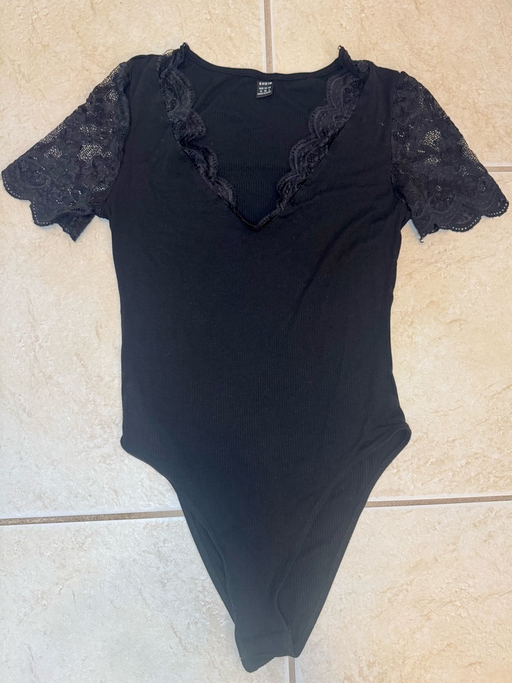 SHEIN Black Lace-Trim V-Neck Ribbed Bodysuit